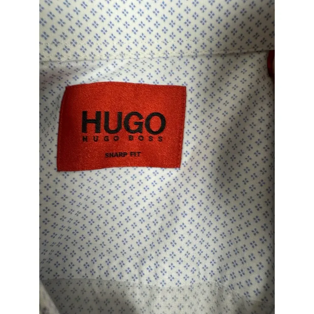 HUGO Hugo Boss Mens Sharp Fit White Blue Micro Print Long Sleeve Dress Shirt L